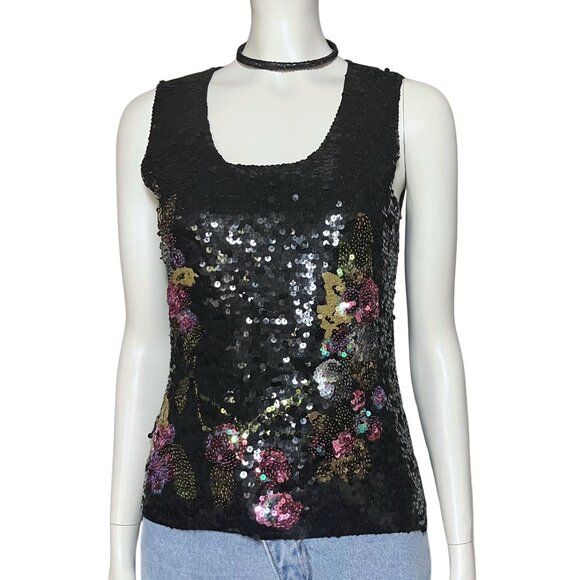 Vintage Y2K Black Multicolor Sequin Going Out Top S/M Whimsigoth Fairy Goth Tank - Picture 1 of 8